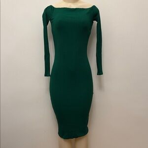 Enza Costa Green Ribbed Off Shoulder Bodycon Midi Dress Size S
